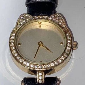 Jessica Carlyle Women's Gold Tone Black Band Cat Rhinestone Bezel Quartz Watch